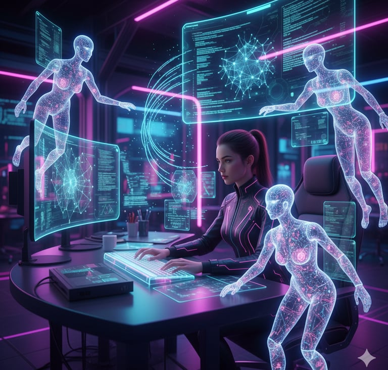 “Developer using AI coding assistants like Replit and Tabnine with glowing holographic code symbols