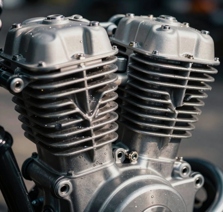 A tight macro shot of a motorcycle engine cylinder and cooling fins, showing oil textures and mechanical grit. High contrast photography with deep slate shadows and sharp soft off-white highlights.