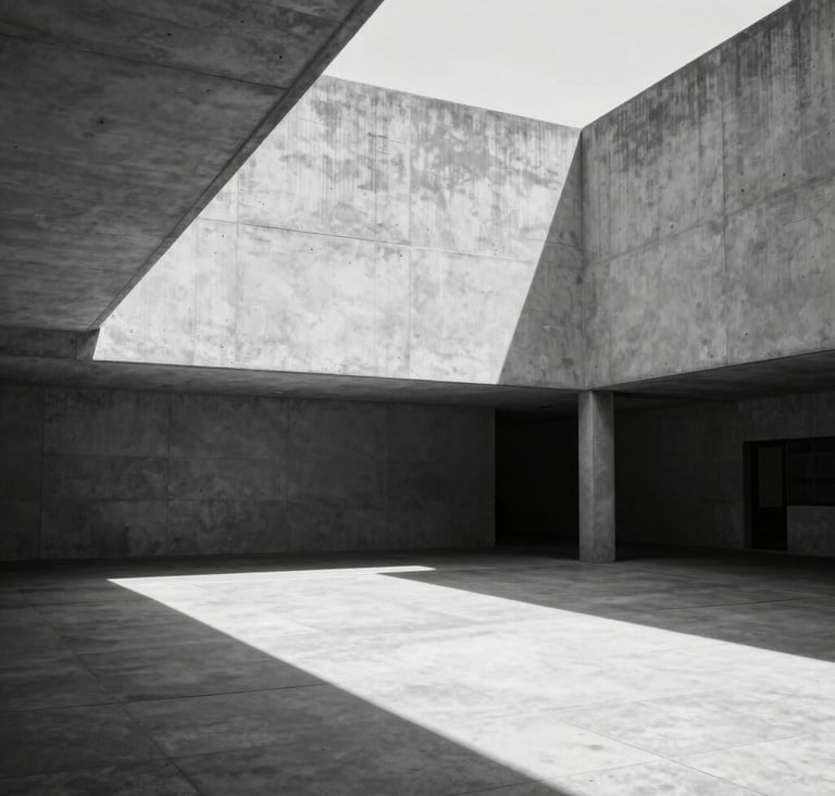Architectural photography of the CCU UNAM in Mexico. Clean concrete lines, minimalist aesthetic, high contrast black and white. Dramatic sunlight creating long shadows on a quiet courtyard, empty and serene.