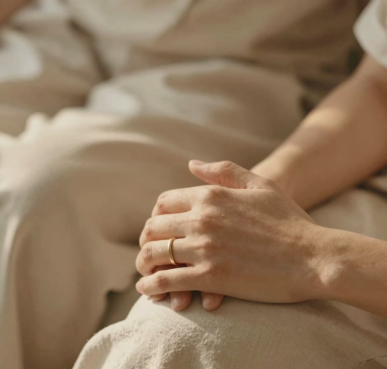 Extreme close-up of a couple's hands intertwined, one hand wearing a simple gold band. They are sitting on sand-colored linen #E2D7C3. Soft, warm sunlight filters in from the side.