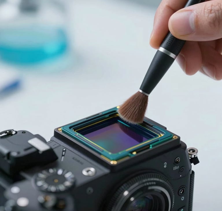 A professional macro shot of a modern full-frame mirrorless camera sensor being cleaned with a specialized swab. The composition is artistic and sharp, set in a bright North American technical lab with soft light blue and near white tones.