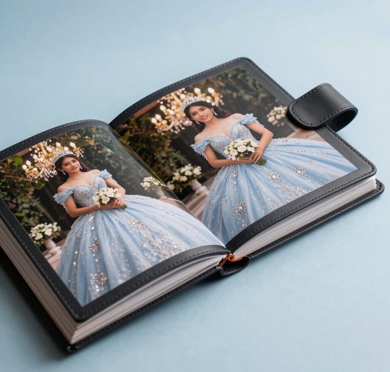 A professional close-up of a high-quality, charcoal black leather-bound photobook featuring photos of a quinceañera, resting on a soft light blue surface in a South American / Colombian studio.