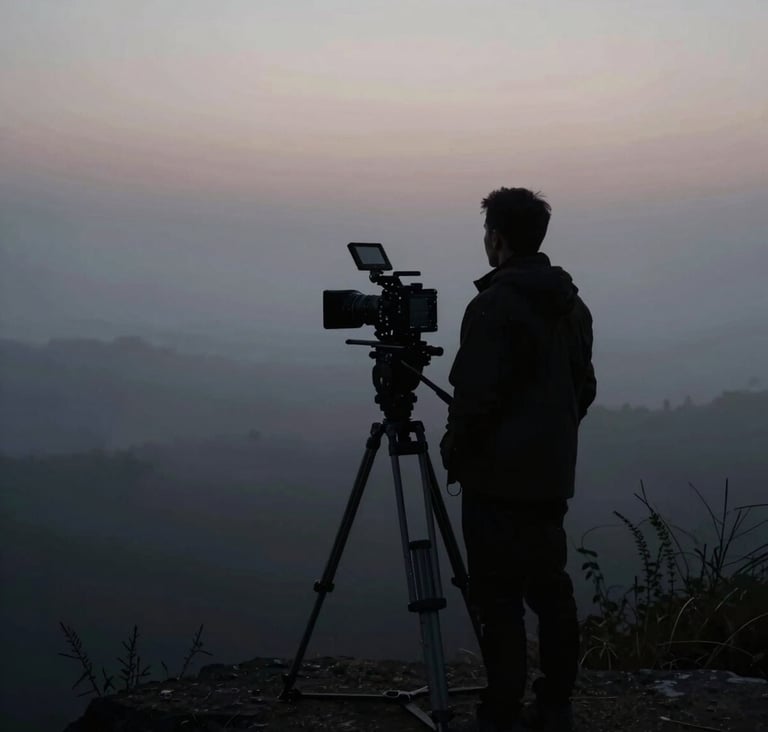 A wide cinematic shot of a filmmaker's silhouette behind a camera on a tripod, looking out over a foggy landscape at dawn. Deep tones of #2C3E50 and #0A0A0A dominate the scene. Elegant and contemplative atmosphere.