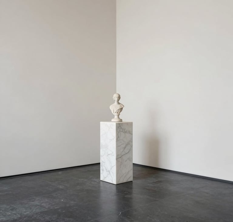 Wide-angle view of a minimalist gallery corner in Paris. A single white marble pedestal holds a refined art object. The floor is dark polished stone (#1A1A1A), and walls are off-white (#F9F7F0). Elegant, quiet luxury atmosphere.