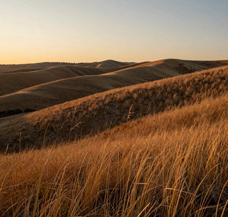A wide, candid landscape shot of North American / General Western rolling hills at sunset. The light is warm and cinematic, catching the soft sand textures of the tall grass.