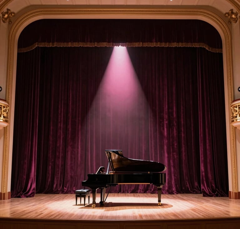 A wide-angle professional shot of a sophisticated theater hall in a North American / US city, featuring velvet dark plum drapes and a single spotlight of soft pink illuminating a grand piano on stage.