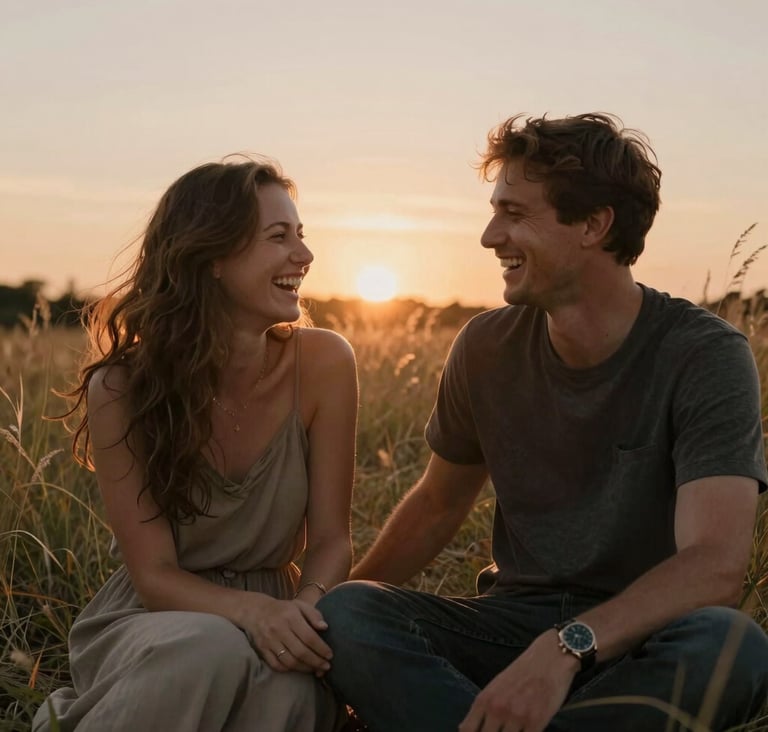 A candid and authentic mid-shot of a couple laughing together in a field of wild grass. The sun is setting behind them, creating a warm glow. The mood is cinematic and heartfelt, with soft sand and muted brown tones.