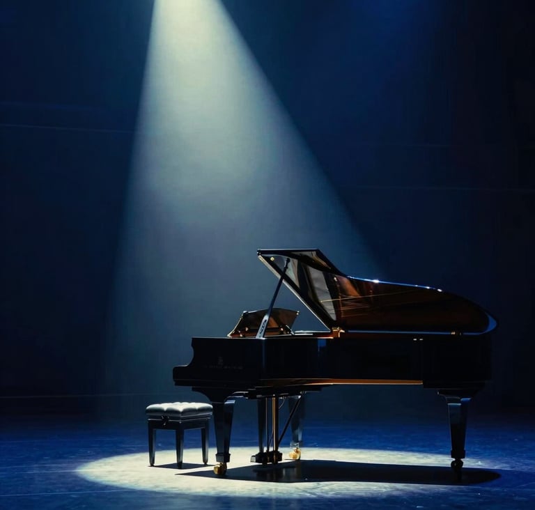 A dramatic wide shot of a stage piano under a single spotlight in a dark auditorium. The colors are predominantly deep blue #1A2D3A with highlights of sage #91AA9D. The atmosphere is one of sophisticated solitude and emotional depth, reflecting a moment of musical creation.