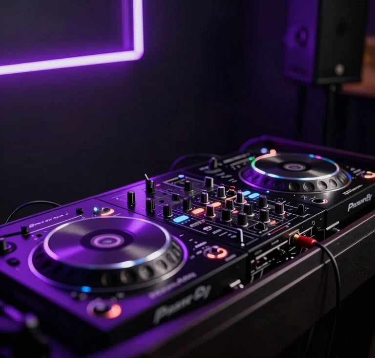 A professional DJ booth setup in a minimalist Spanish / Latin American nightclub, obsidian black surfaces catching electric violet neon reflections, cinematic depth of field.