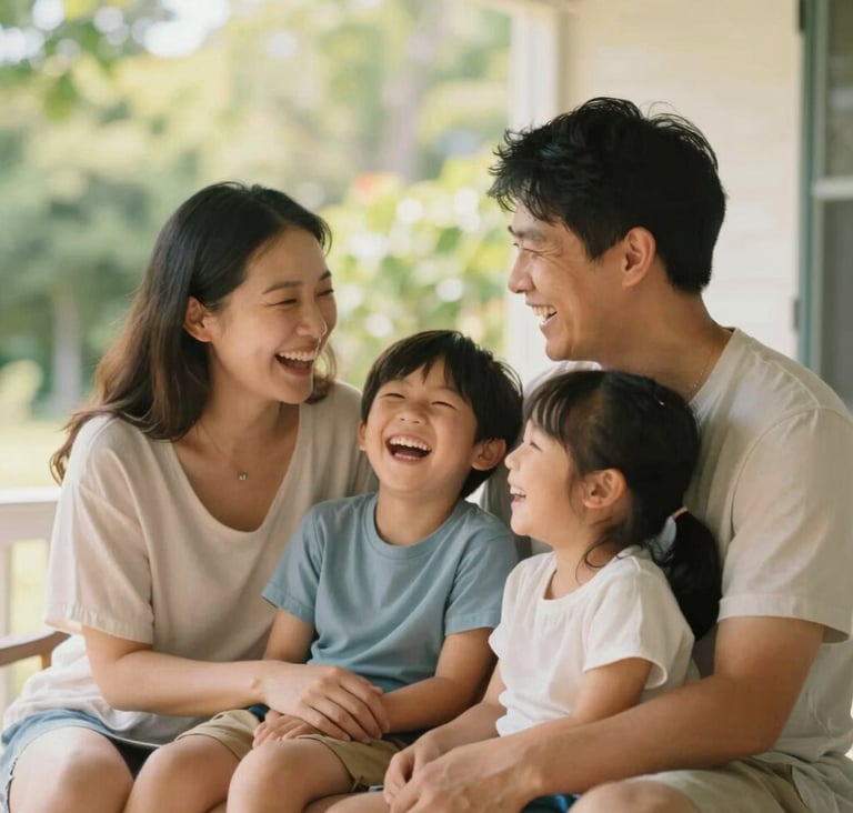 A candid moment of a young family laughing together on a sun-drenched porch. The atmosphere is authentically warm and friendly. The composition is intimate, focusing on the connection and real emotion between parents and child.