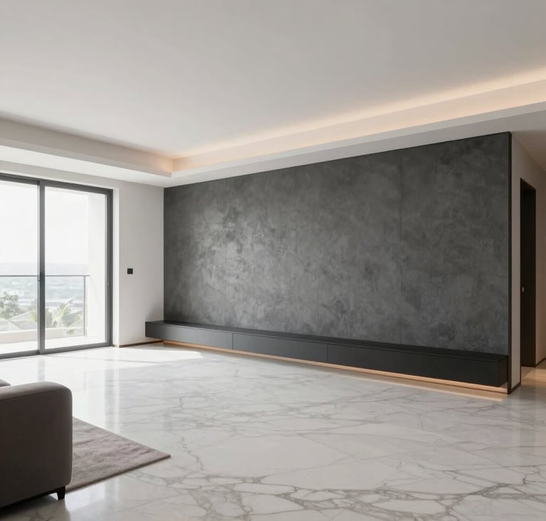 An interior architectural render of a wide, open-plan living space in a contemporary Brazilian apartment. The room features a white marble floor and a textured charcoal grey accent wall. Minimalist designer furniture is arranged to maximize negative space. Bright natural light floods the room from the left.