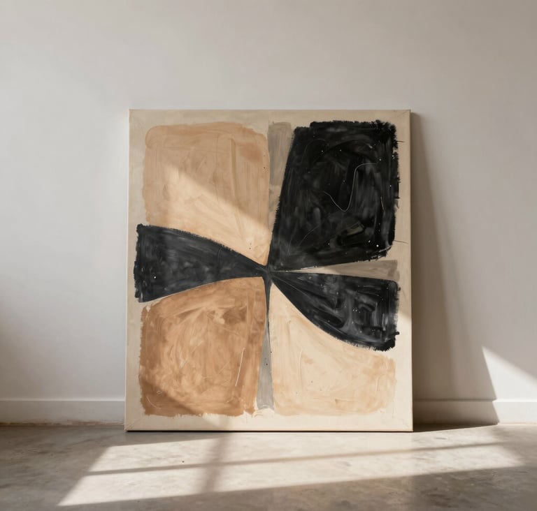 A contemplative scene in a South American / Argentine art studio. A large canvas leans against a soft off-white wall, showing abstract shapes in warm desert sand and deep charcoal black. Soft natural light creates long shadows across the floor.