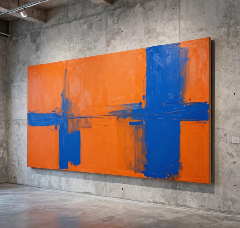 A high-impact, wide-angle shot of a large-scale contemporary painting featuring safety orange and vibrant electric blue strokes. The canvas is mounted on a raw, weathered concrete wall inside a minimalist International / Urban Art Scene gallery with high ceilings.