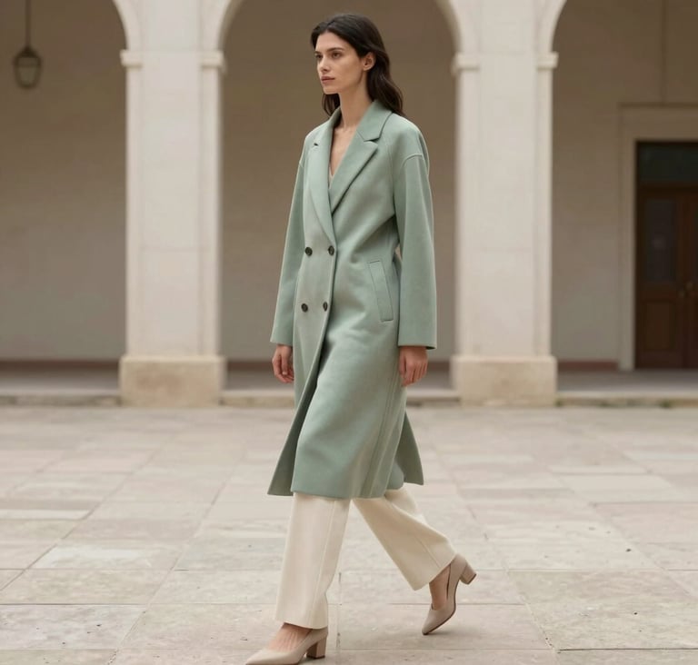 Full-length editorial shot of a woman wearing a tailored muted sage green coat and cream trousers, walking gracefully through a minimalist North American / Western European architectural courtyard. The composition is clean and calm, reminiscent of a high-end fashion magazine.