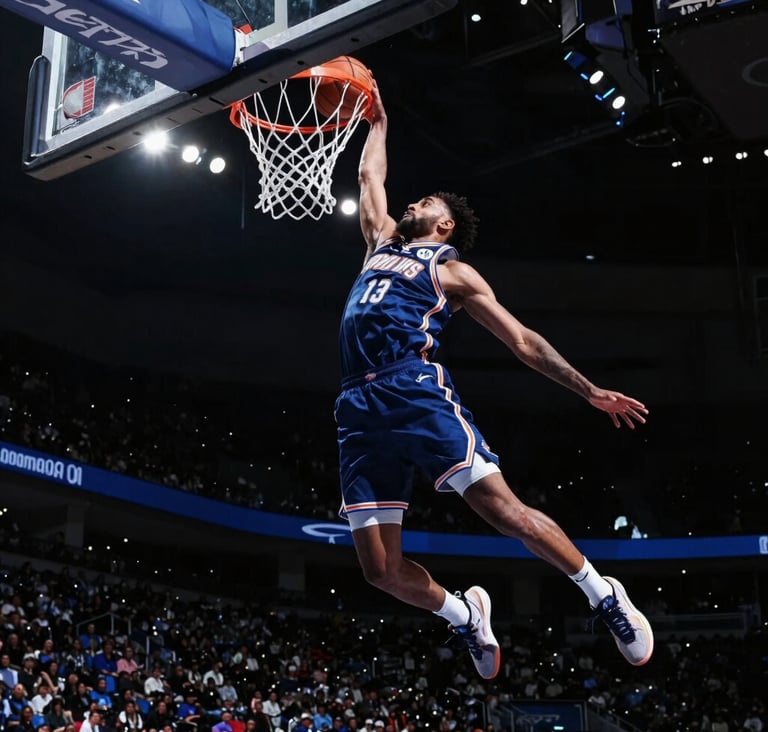 A low-angle wide shot of a professional basketball player in mid-air during a dunk, captured in a North American arena. The background is dark midnight black with dramatic steel blue spotlights. The player's motion is perfectly frozen, showing immense power and speed. Cinematic, high-tech lighting.