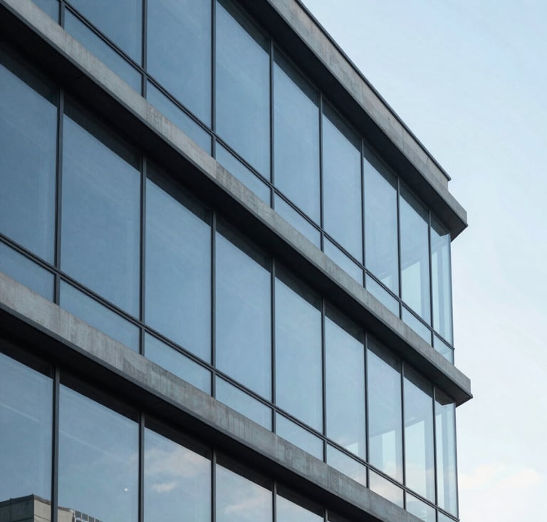 Clean, minimalist architectural photography of a contemporary office building in São Paulo, with large glass windows reflecting a serene baby blue sky. The composition is geometric and sharp, emphasizing professional elegance.