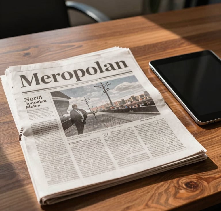 A high-end lifestyle photograph of a major metropolitan newspaper and a tablet side-by-side on a sleek wooden table in a sunlit North American office. Focus is on sharp, crisp editorial text. The atmosphere is sophisticated and dynamic.