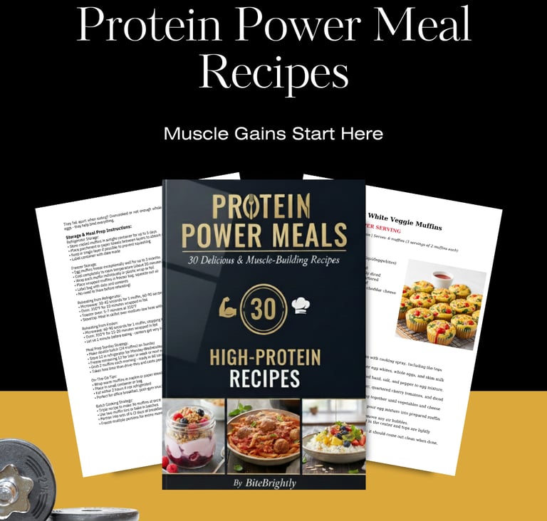 Protein Power Meals ebook cover featuring 30 high-protein recipes for muscle gains and healthy meal prep.