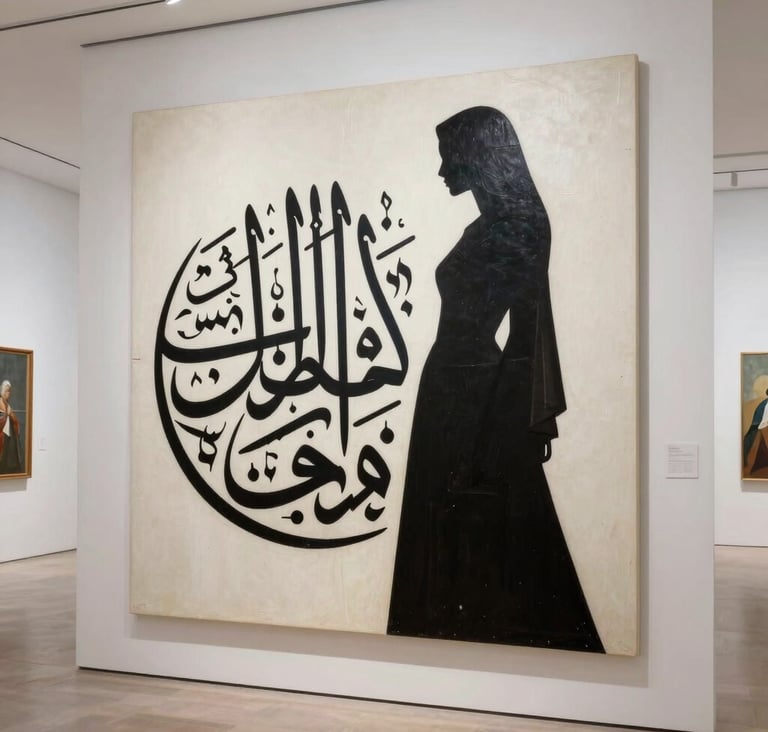 A massive high-resolution painting filling the screen, featuring a minimalist fusion of abstract Arabic calligraphy and a female silhouette, displayed in a bright, modern Middle Eastern art gallery.