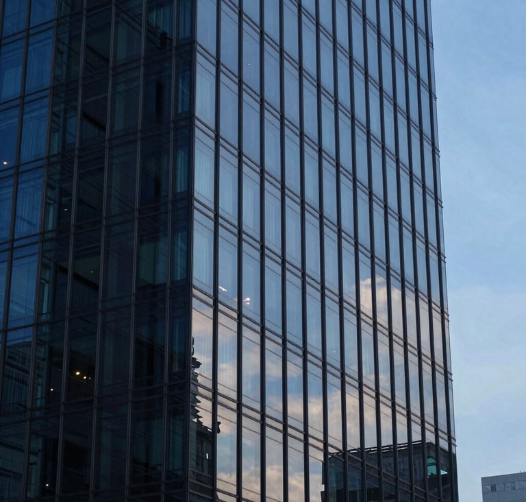A close-up shot of a modern glass office building in a Southeast Asian / Indonesian city during the blue hour. The reflections on the glass show Dark Navy Blue and Soft Sky Blue tones, conveying professional excellence and quiet competence.