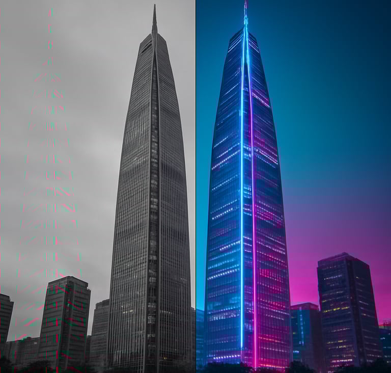 A split-screen style photograph showing the raw, desaturated grey footage of a Seoul skyscraper on the left, and a vibrant, cyan and magenta-tinted cyberpunk edit on the right.
