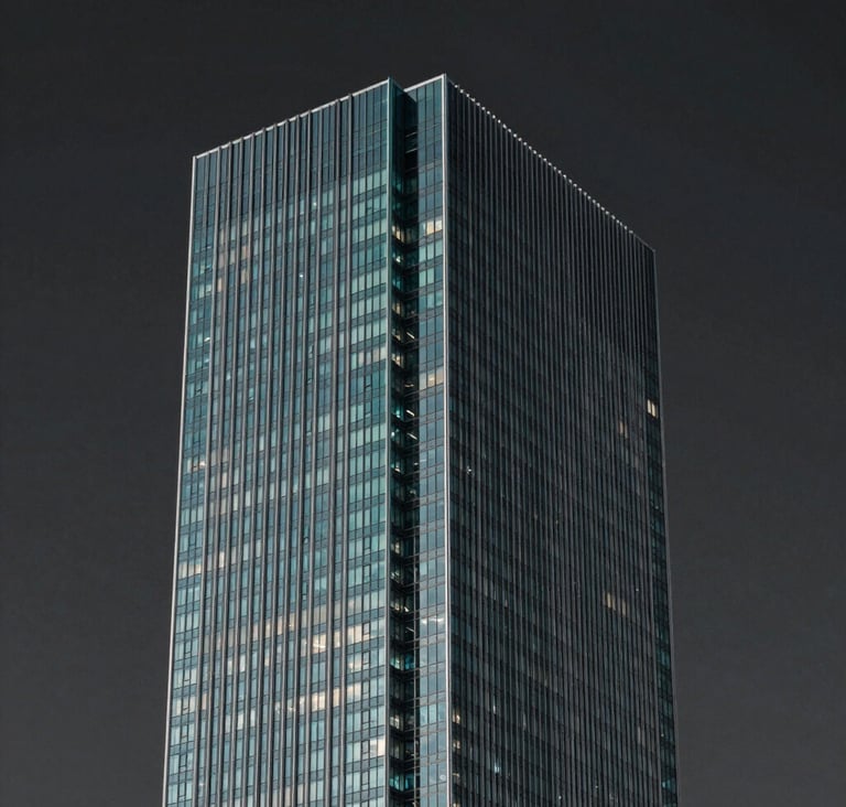 A wide, editorial shot of a minimalist, modern skyscraper corner against a deep charcoal sky. The architecture is sharp and geometric, using steel and glass. Subtle teal lighting (#0E7C7B) highlights the edges. The aesthetic is inspired by premium agency design, focused on impact and scale.
