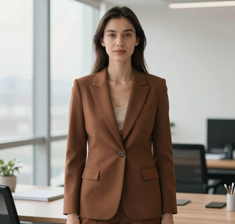 A lifestyle shot of a professional woman in a minimalist, modern office setting. She wears a structured blazer in #4B2E2B. Soft afternoon light coming through a window. Premium, clean composition.