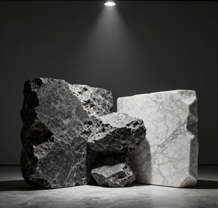 A cinematic, wide-angle shot of an abstract stone installation within a dark, museum-like environment. The background is a deep charcoal gray. A single spotlight from above illuminates the texture of raw basalt and smooth white marble, creating a dramatic, high-contrast visual. High-end contemporary art aesthetic, North American gallery style.