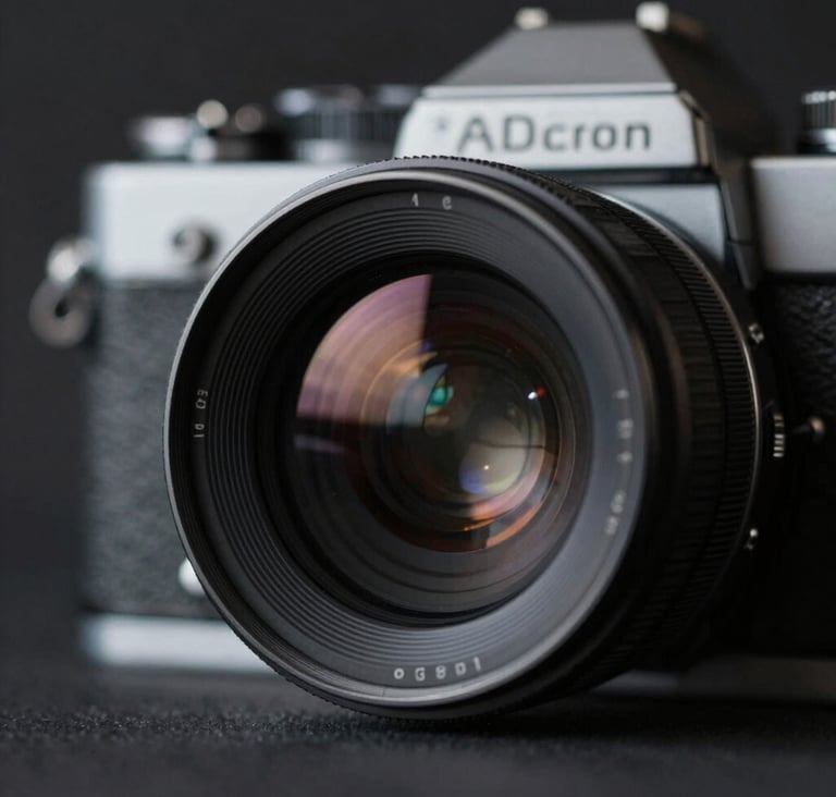 A noir-style close-up of a vintage film camera lens reflecting a dark studio setting. The palette is dominated by #0F0F0F and #333333, with sharp metallic details in #A8A8A8.