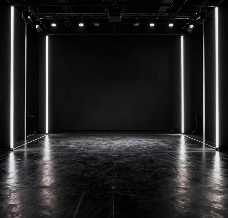 A wide-angle shot of a minimalist stage in a modern North American venue. The floor is polished black, featuring vertical silver neon pillars that cast sharp light. The atmosphere is edgy and high-performance.
