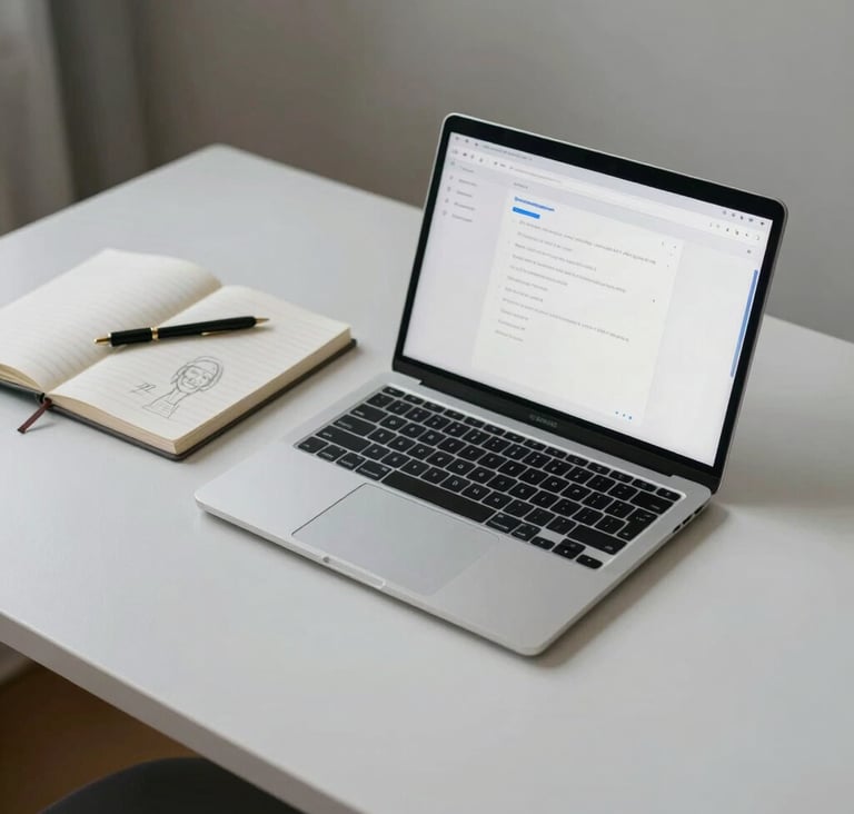 A high-angle shot of a minimalist desk in a North American / US home office. A laptop screen displays a soft white interface with steel blue accents. A physical notebook nearby has pencil sketches. Clean, soft lighting.