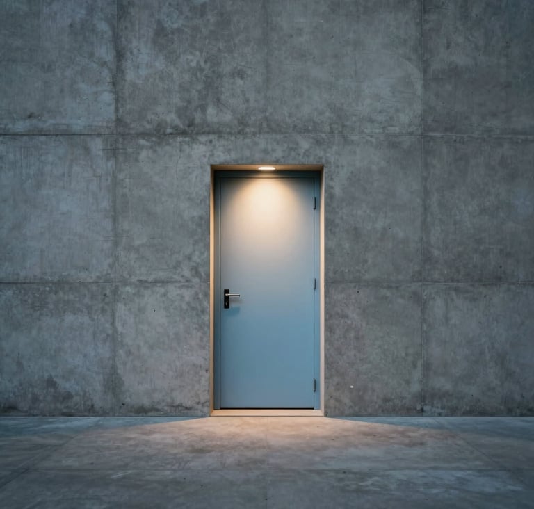 A wide, cinematic shot of a minimalist concrete structure in Charcoal and Pale Grey, with a single patch of warm light illuminating a Soft Blue door.