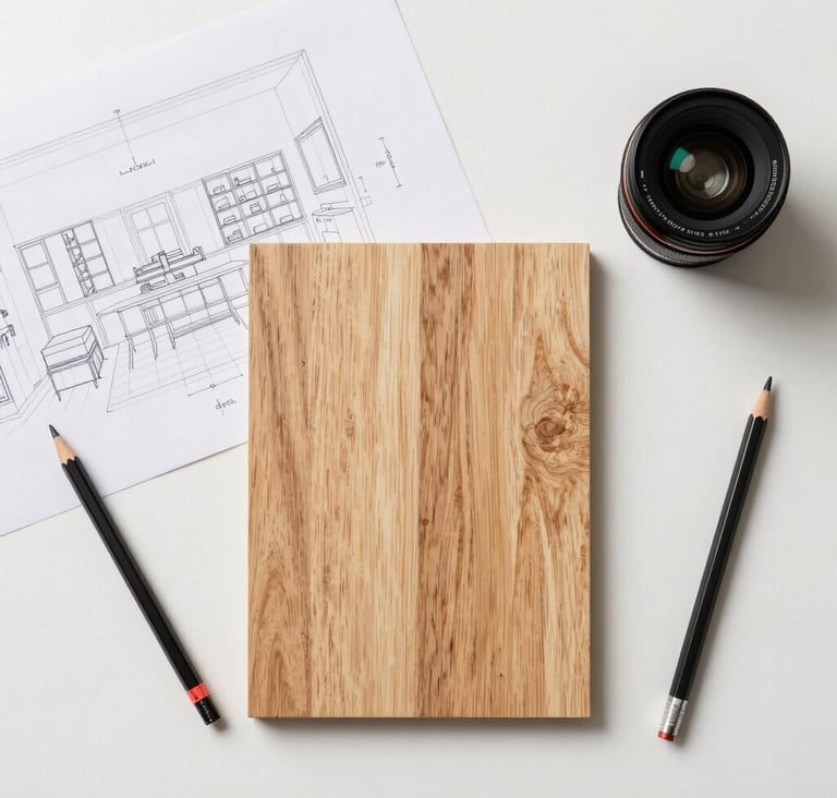 Top-down view of a minimalist workspace with professional technical interior drawings and a sample of light oak wood. Precision tools and a graphite pencil are arranged neatly. Clean, bright studio lighting in a Baltic design setting.