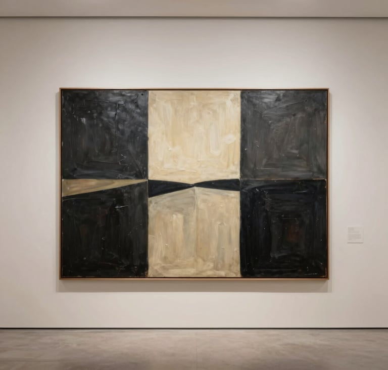 A wide-angle photography shot of a large minimalist oil painting titled 'Urban Solitude' hung in a modern North American gallery with cream-colored walls. The painting features large abstract fields of dark charcoal and light beige.