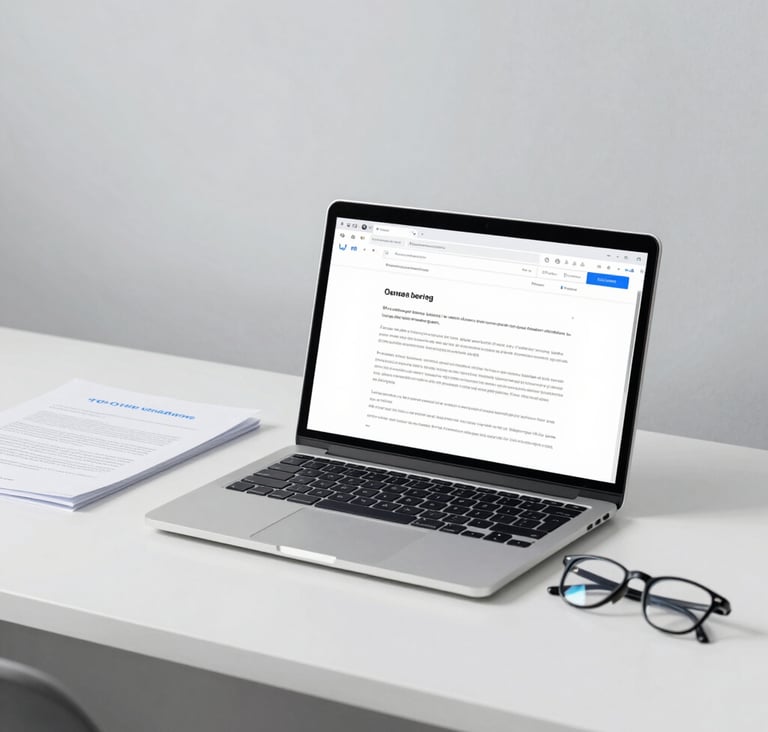 A wide, professional shot of a minimalist workspace. A laptop screen displays a text document, next to a printed dossier and a pair of reading glasses. The atmosphere is clean and modern, projecting trust and clarity. Colors are dominated by #607D8B and #F5F5F5.