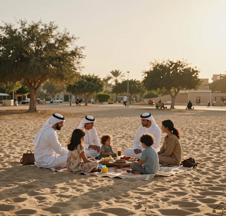A cinematic, wide-angle shot of a family picnicking in a sun-drenched Middle Eastern / Gulf park during the golden hour. The scene features soft sand and soft tan tones, with natural lighting creating a warm, inviting atmosphere.