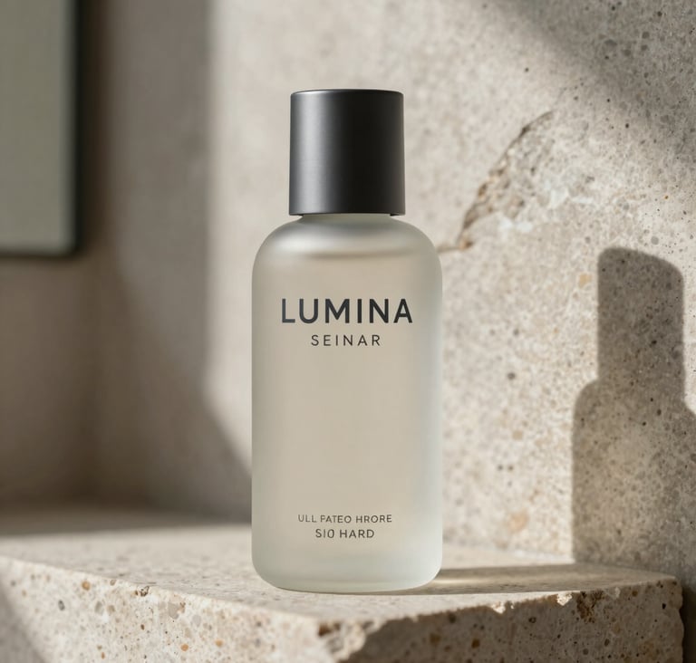 A high-end professional photograph of a Lumina Skincare glass bottle mockup. The bottle has a frosted finish with Dark Charcoal typography, set against a natural stone background in a North American / US modern bathroom setting. Soft daylight highlights the meticulous craftsmanship of the bottle's design.