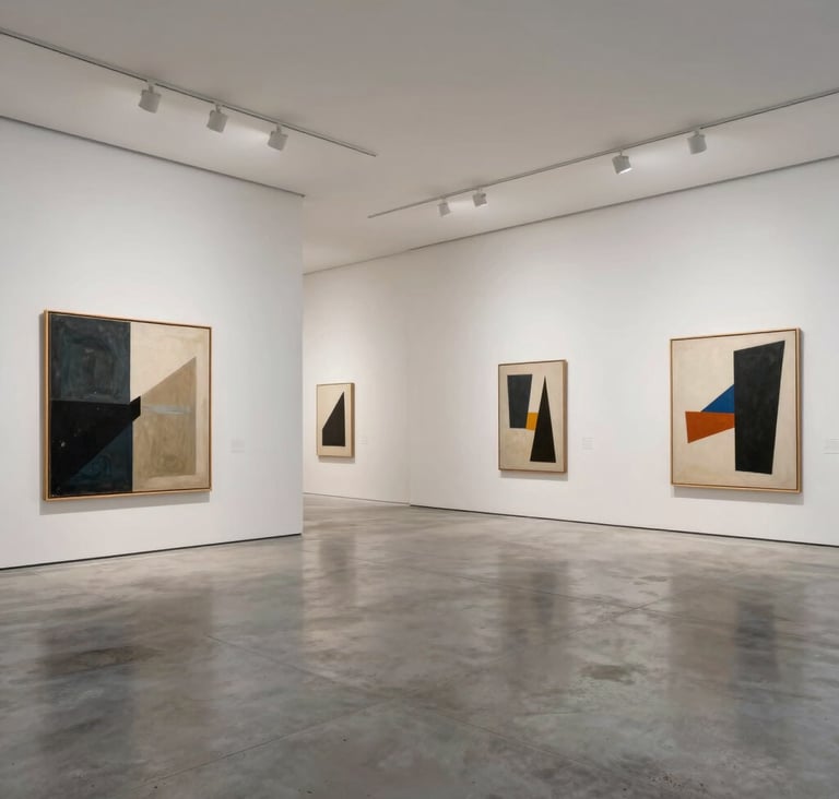 A wide, expansive view of a minimalist visual arts gallery in a European / French city. Large-scale contemporary paintings are displayed on soft off-white walls. The flooring is polished concrete in silver grey. Refined and quiet atmosphere.