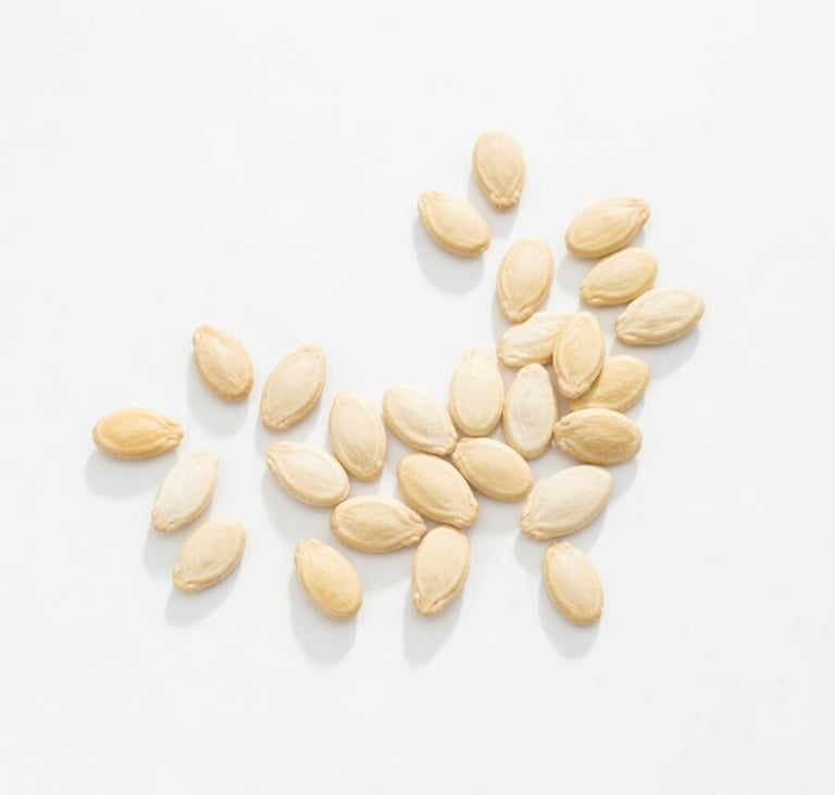 Scattered whole white pumpkin seeds on a clean white background for cooking or snacking.
