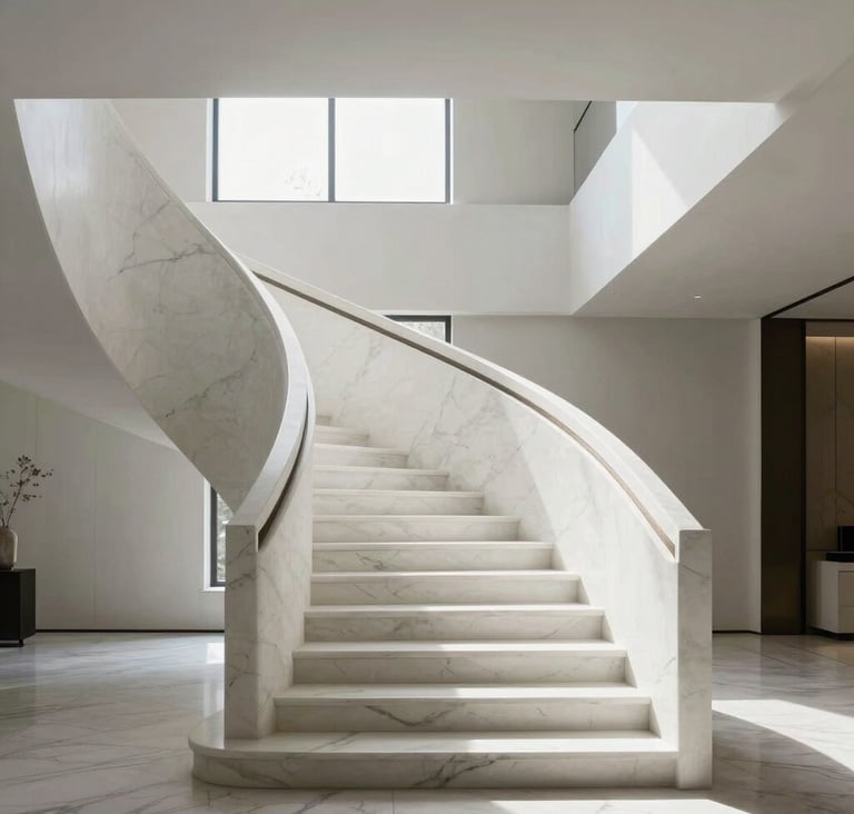 Minimalist architectural photography of a grand white marble staircase within a contemporary luxury villa. Soft natural light streaming from a high window, creating subtle grey shadows. Global / Hispano architecture. Clean lines, elegant composition.