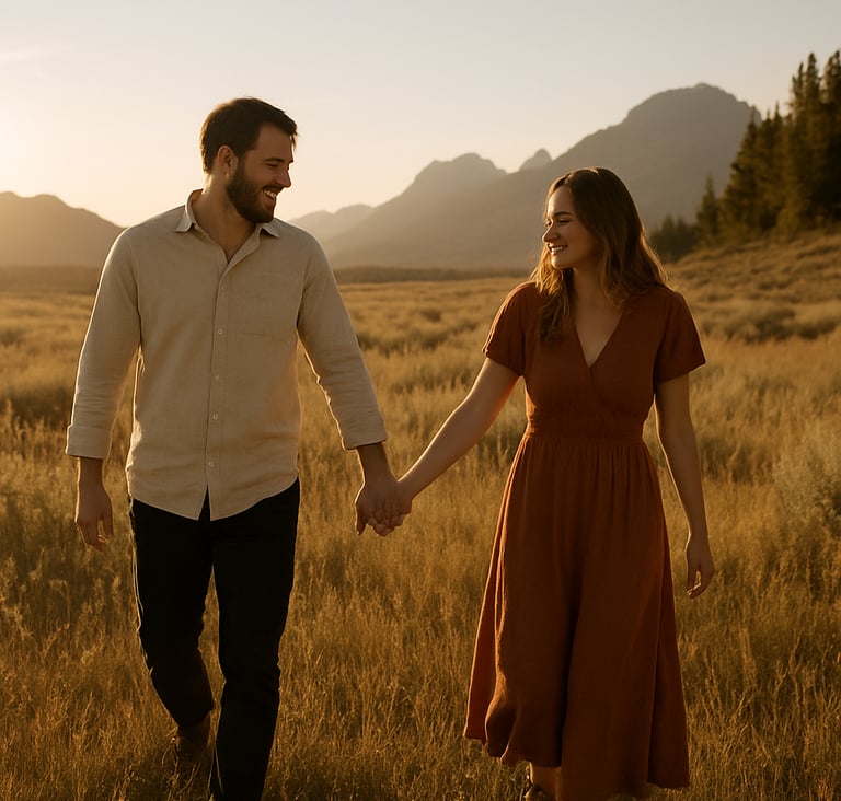 Candid wide-angle photography of an authentic couple walking through a sun-drenched meadow in the North American West. The style is cinematic with warm golden hour lighting and soft sand tones in the environment.