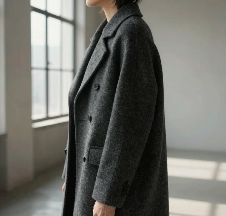Editorial portrait of a person in profile, wearing a structured charcoal gray wool garment. Soft, natural light from a high window in a minimalist North American / European loft space. Deep shadows and a calm, contemplative atmosphere.