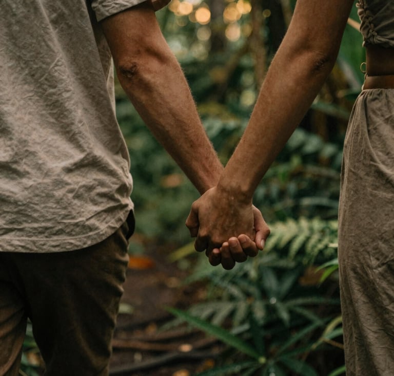 An intimate, grainy film-style shot of a couple's hands intertwined while walking through a lush Bali jungle, warm golden hour lighting, deep forest greens #2A362B and earthy taupe #C7B7A3 in the shadows.