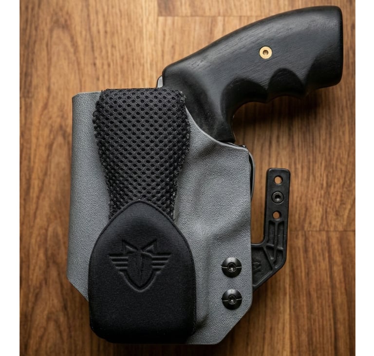 Revolver with black wood grip in a grey Kydex IWB holster with mesh padding on a wood surface.