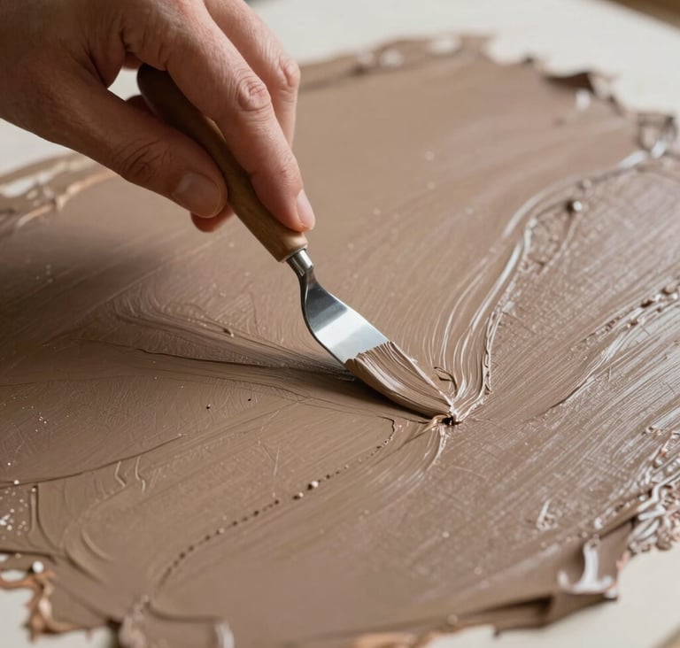 A close-up shot of an artist's hand using a painting knife to apply muted brown and tan acrylic paint over a heavily textured surface. The composition is modern and focuses on the tactile ridges of the paint. Professional lighting, gallery style.