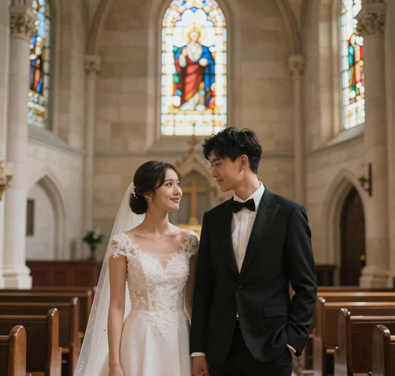 A wide, cinematic shot of a young couple standing in an elegant stone chapel. Soft natural light streams through stained glass, casting gentle shadows in #1A2F3C against the warm #F5F2EC walls. The atmosphere is heartfelt and professional.
