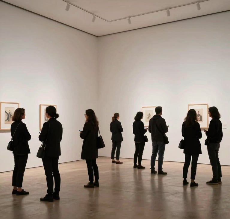 A wide-angle artistic shot of a gallery opening. Minimalist interior with soft off-white walls. People appear as elegant dark charcoal silhouettes against the bright, clean space. Sophisticated and airy composition.