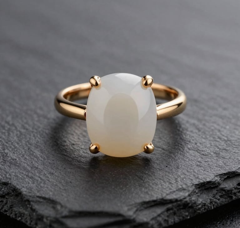 Cinematic macro photography of luxury jewelry on a dark slate grey background, soft off-white reflections, subtle gold highlights, exclusive and sophisticated mood, extreme technical mastery, shot in a North American / US studio.