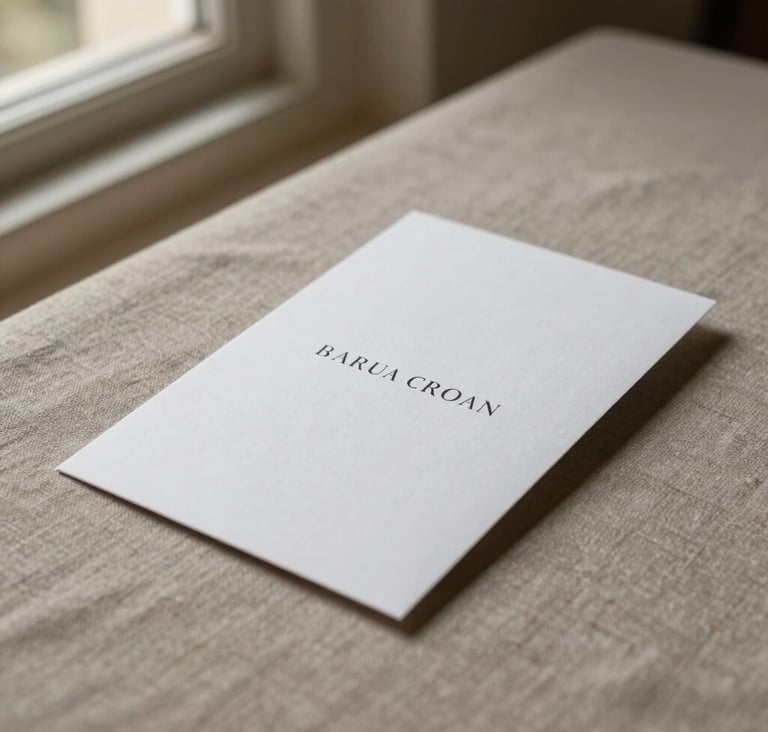 A professional minimalist photograph of an elegant white invitation card resting on a warm taupe linen surface. Soft side lighting from a window, creating a serene and refined atmosphere in a Spanish setting.