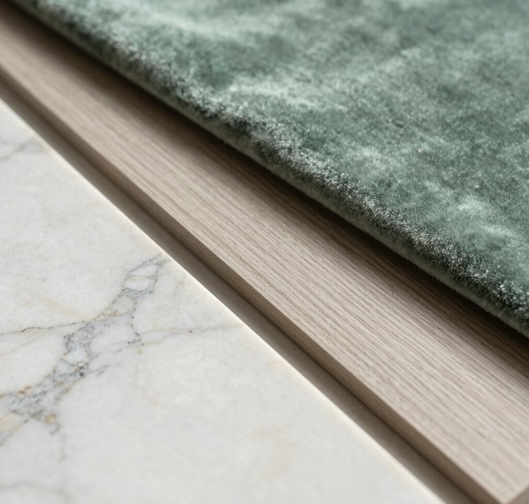 Macro photography of interior design materials: a sample of polished marble alongside a sage green velvet fabric and greige wood veneer, arranged elegantly, soft natural Brazilian light.